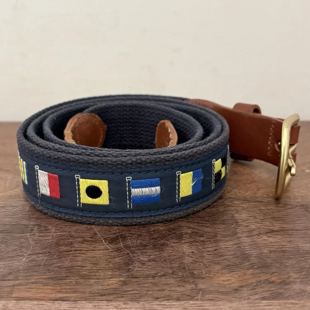 Leather Man Ltd Nautical Signal Flag Belt Men's 46 Brass Buckle Preppy USA